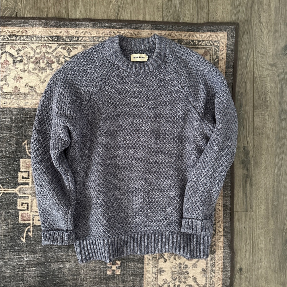 Taylor Stitch slate blue fisherman Crewneck Sweater with Ribbed Cuffs
